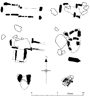 Site plans of Heston Brake, Gaerllwyd, Pen-maen Burrows, Maen Ceti, Cae-yr-Arfau and Nicholaston chambered tombs